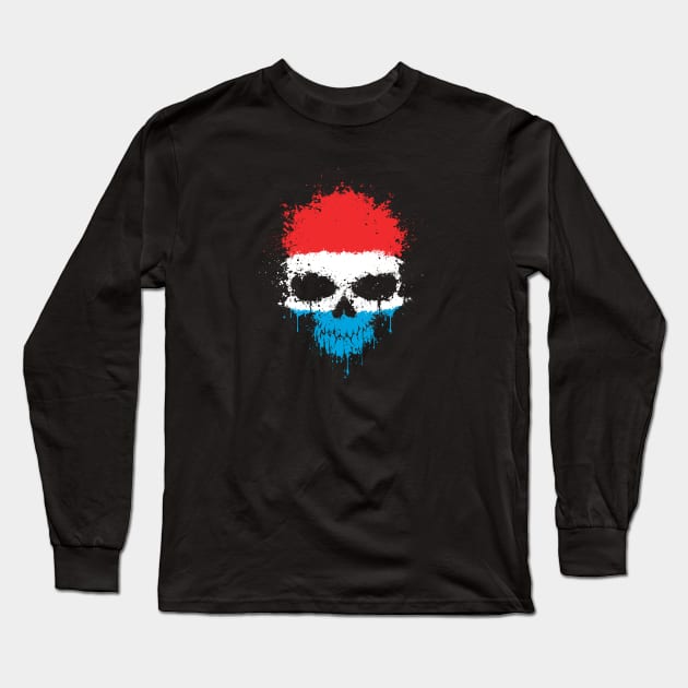 Chaotic Luxembourg Flag Splatter Skull Long Sleeve T-Shirt by jeffbartels